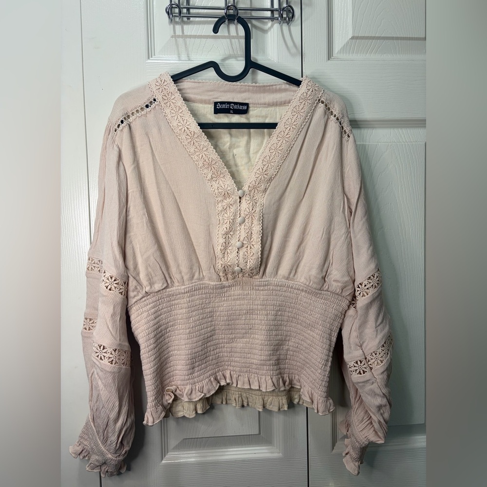 Pale Blush Crochet-Trim Smocked Waist V-Neck Blouse